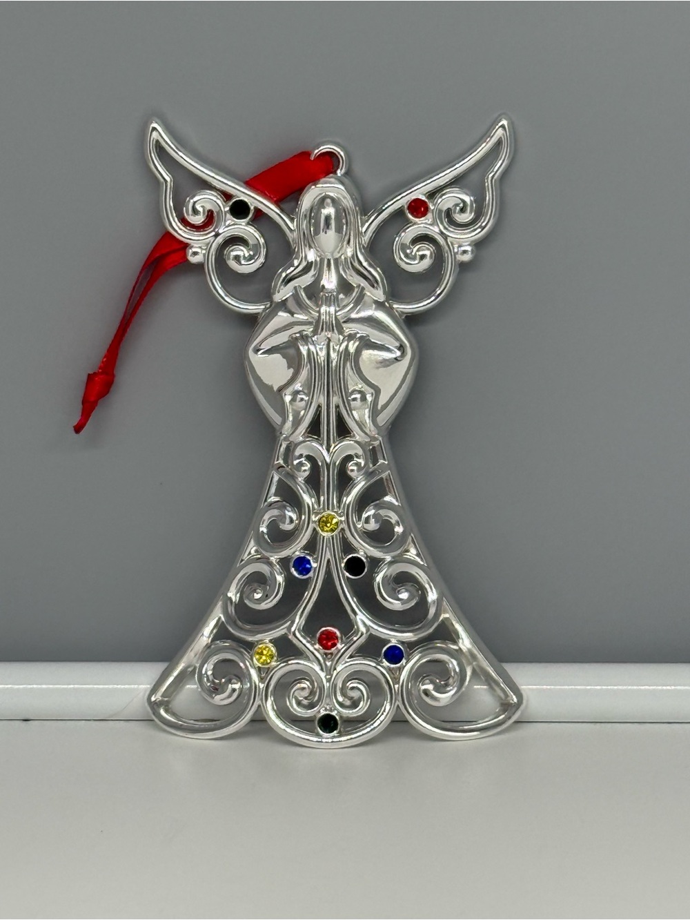 Lenox Christmas Ornament Angel Sparkle and Scroll Silver Plate Multi Crystal